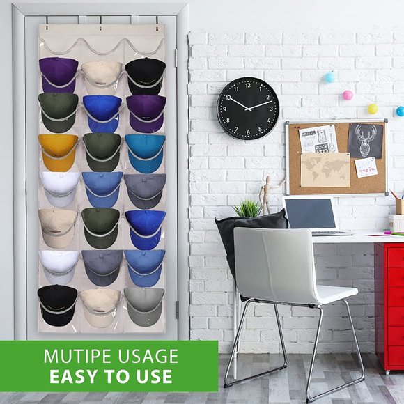 24 Deep Pockets, Hat Organizer, Hat Rack, Wall Door with 3 Hooks, White - Picture 7 of 7